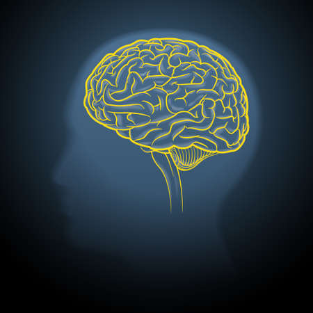 Dark gray background yellow brain streaks within a human head profile.