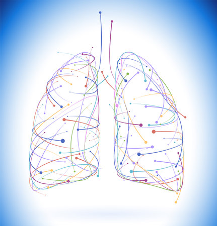 The illustration of various colored stripes and dots arranged to form the shape of a human lung gives it a modern, dynamic, moderately technological feel. Used in medicine and industry.のイラスト素材