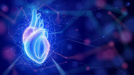 Illustration of white wavy lines and intersections forming the shape of a human heart. Modern style on a dark blue background. Used in medicine, commerce, industry, and education.のイラスト素材