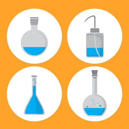 Set of filled glassware, flask, bottle in lab.の写真素材