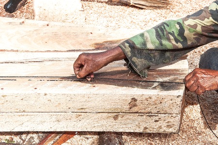 Man working and cutting a logの写真素材