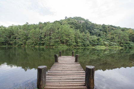 Wooden pier at the lakeの写真素材