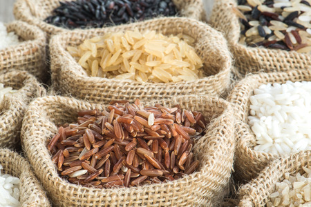 Group of organics rice in burlap bagの写真素材