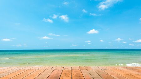 Wooden platform beside tropical beach at Koh Chang islandThailandの写真素材