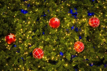 Gift box set decor on christmas tree at nightの写真素材