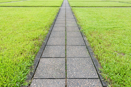 Perspective concrete path with green grass backgroundの写真素材