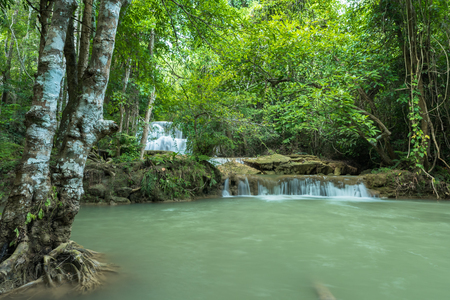 Beautiful waterfall in summer located Erawan waterfall Thailandの写真素材