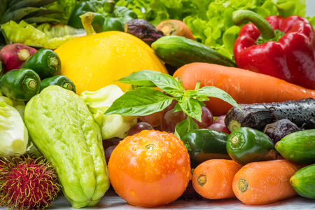 Tropical fresh fruits and vegetables organic after washed, Arrangement different vegetables organic for eating healthy and dietingの写真素材