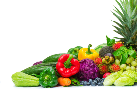 Group of fresh fruits and vegetables isolated on white backgroundの写真素材