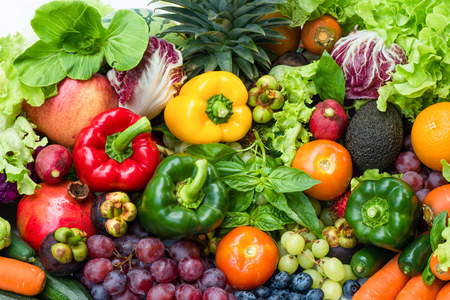 Tropical fresh fruits and vegetables organic for healthy lifestyle, Arrangement different vegetables organic for eating healthy and dietingの写真素材