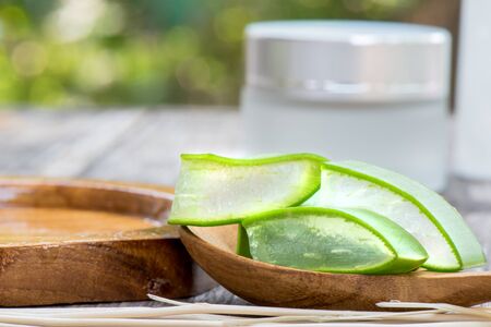 Aloe vera essential oil for skin care and treatment, Essence fresh aloe vera herbal closeupの写真素材