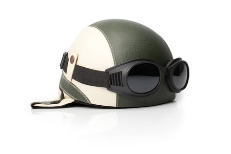 A vintage leather helmet isolated on white, with small reflection.(clipping path without reflection included).の写真素材