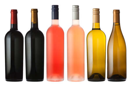A large mix of wine bottles isolated on white with clipping path の写真素材