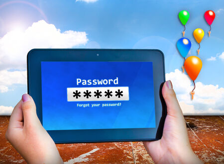 Password box - Tablet and ballon with sky blue.の写真素材
