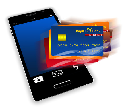 Mobile phone with credit cards screen isolatedの写真素材
