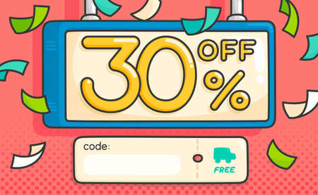 sale thirty percent off ad image with free shipping and blank space for code text kawaii doodle flat...
