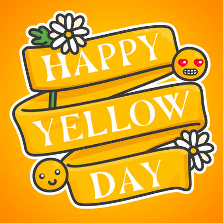 happy yellow day text on yellow ribbon flag and daisy kawaii doodle flat vector illustrationのイラスト素材