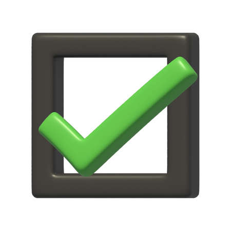 green check mark in the black square icon sign virtual modern 3d render shiny glossy textureの写真素材