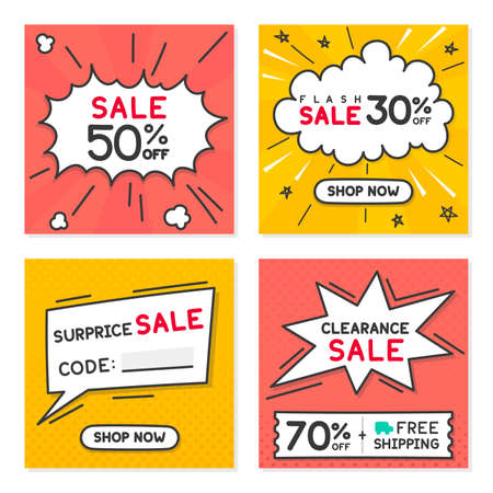 sale thirty and fifty percent off ad image with free shipping and blank space for code text kawaii doodle pop art cartoon vectorのイラスト素材