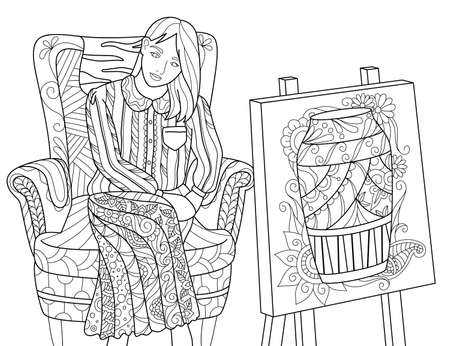 draw a female model black and white coloring book outline vector illustrationのイラスト素材