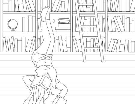 woman sleep in the library black and white coloring book outline vector illustrationのイラスト素材