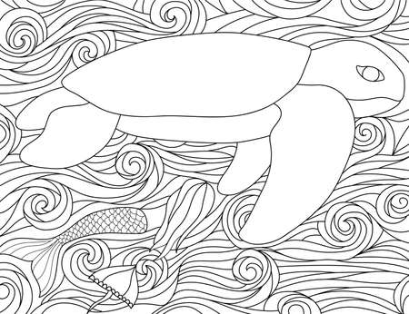 turtle undersea black and white coloring book outline vector illustrationのイラスト素材