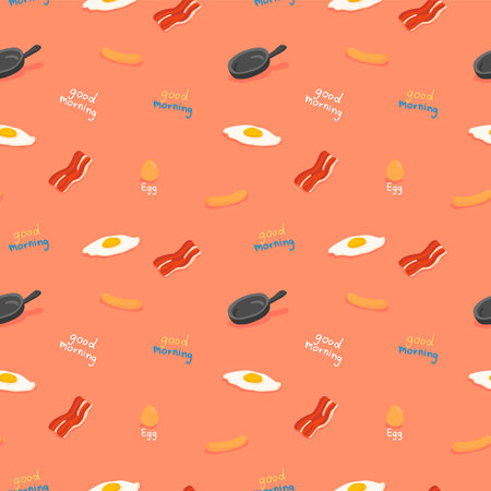 Fried Eggs and Bacon Breakfast seamless pattern Gift Wrap background wallpaperのイラスト素材