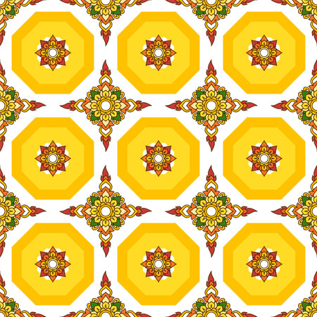 thai filigree yellow flower  decoration seamless pattern Gift Wrap background wallpaper vectorのイラスト素材