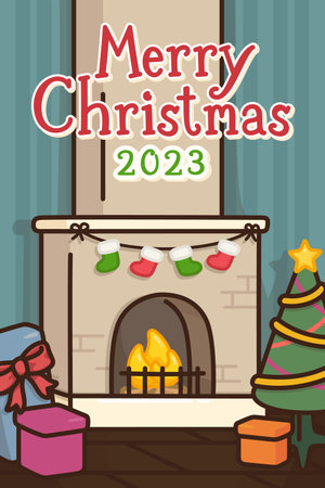 warm fireplace has hanging sock Merry Christmas card 2023 kawaii doodle flat cartoon vector illustrationのイラスト素材