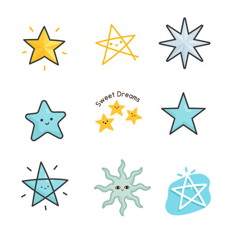 minimal cute star sticker set kawaii doodle flat cartoon vector illustrationのイラスト素材