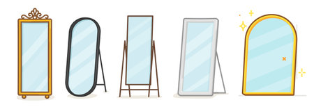 minimal luxury standing mirror kawaii doodle flat cartoon vector illustrationのイラスト素材
