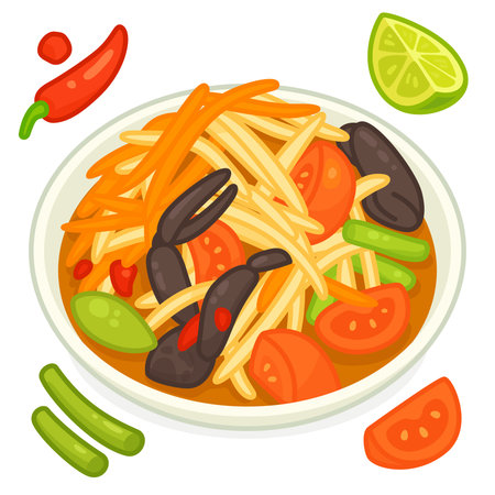 Spicy papaya salad with fermented fish sauce and field crab, bold flavor and authentic Thai style kawaii doodle flat 2D cartoon vector illustrationのイラスト素材