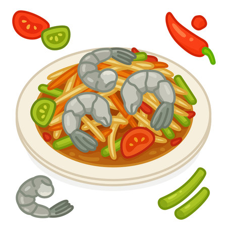 Spicy papaya salad with fermented fish sauce and field crab on top with fresh shrimp in Thai style kawaii doodle flat 2D cartoon vector illustrationのイラスト素材