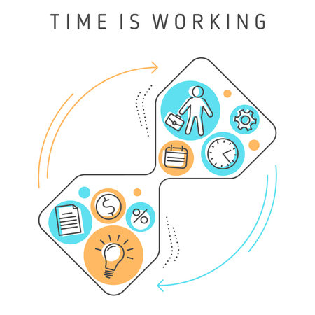 Continuous process of time working, time management, targeting, work planning and timing. Creative workflow of investing time, ideas, knowledge to make money.のイラスト素材