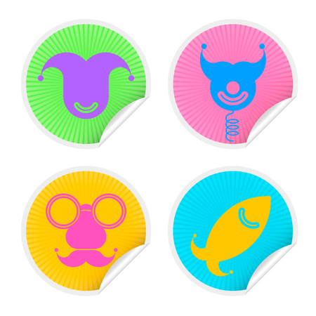 Colorful four sticker set with Fools Day Symbols. Vector illustration april fools icons badge collection in different colors isolated on white background.のイラスト素材