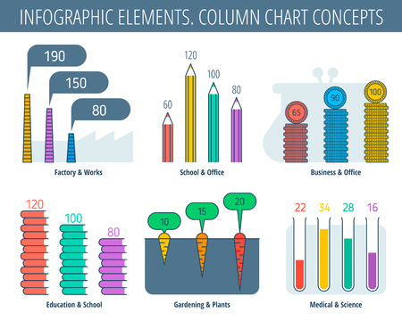 Infographic elements. Column chart set. Infographic vector flat design template, icons, symbols. Office and business infographic, education and school infographic, industry and medical infographic.のイラスト素材