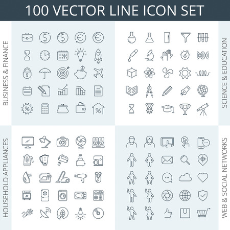 Vector thin line icon set. Business icons, education icons, financial icons, science icons, household appliances icons, kitchen icons, social networks icons, school icons. For infographics and web.のイラスト素材