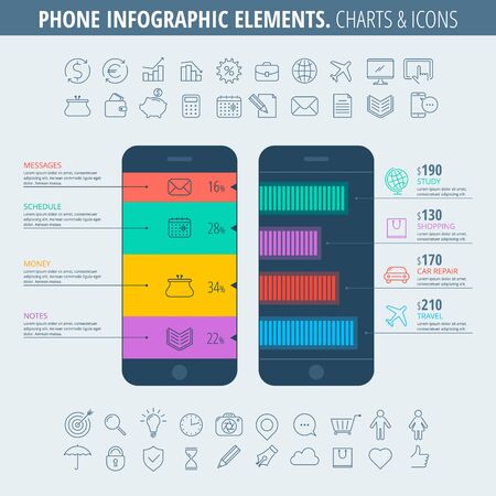 Infographic elements and business icons set. Flat line illustration of a smartphone with a chart on the phone screen. Infographic vector flat design template, infographic icons, diagram vector chart.のイラスト素材