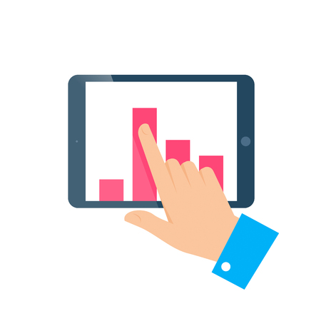 Improve business concept. Flat illustration of tablet and hand. Businessman push column chart up on the screen to improve progress, success and get profit. Vector infographic element for web and print.のイラスト素材