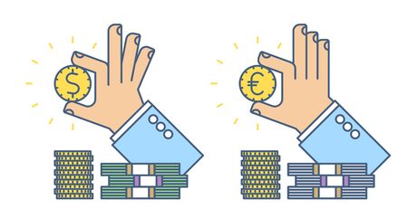 Businessman hand holding a dollar and euro coin. Flat line busines concept illustration of two types hand, money cash. Isolated vector infographic element for web design, presentation, social networksのイラスト素材