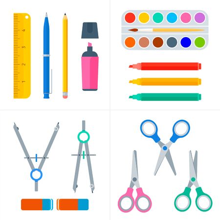 Education and school workplace supply set. Vector flat illustration of pupil stationery. Isolated on white background school objects and tools. Education workspace equipment. Web infographic elements.のイラスト素材