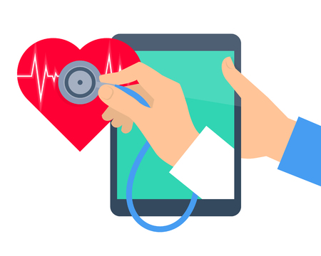 Heart pulse examination by tablet computer. Telehealth and telemedicine flat concept. Doctor's hand from pad screen holding a stethoscope and diagnosing heartbeat. Vector online medicine illustration.のイラスト素材