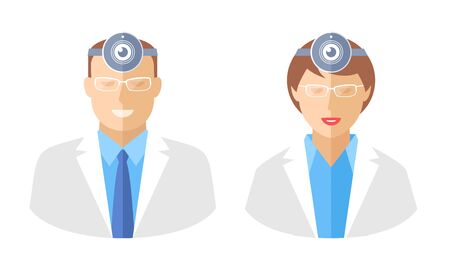 Doctors with web cams. Telemedicine and telehealth flat concept illustration. Avatars of male and female medic with web camera on a heads. Vector elements for tele medical and health infographics.のイラスト素材