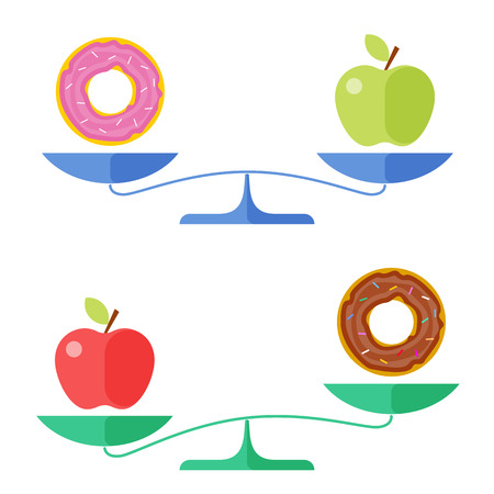 Flat concept illustration of libra, healthy and unhealthy food symbols. Apple and a donut on a scales.  Isolated vector elements for diet, eating and healthcare infographics, presentations, and web.のイラスト素材
