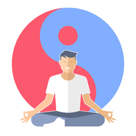 Young man meditates in the lotus pose. Male character is sitting on the yin-yang sign background. Flat vector concept illustration of yoga, zen, and relaxation. Design element for buddhism infographicのイラスト素材