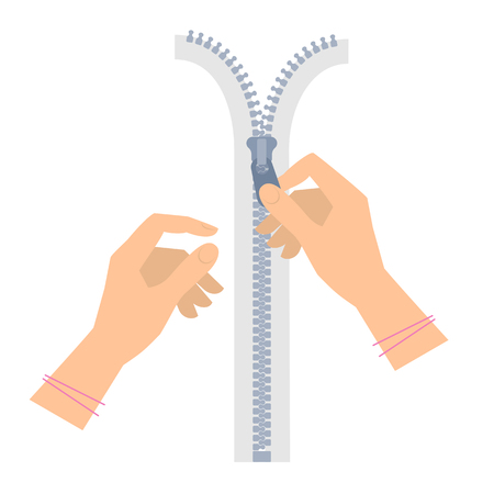 Two women's hands are unzipping a zipper. Template flat illustration of human female hand holding a fastener on the zip. Vector isolated  design elements for infographic, web, printのイラスト素材