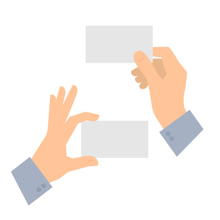 Two men's hands are holding business cards. Template flat illustration of businessman's hands and blank cards.のイラスト素材