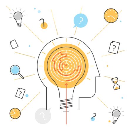 Process of thinking and finding solution. Contour flat line concept illustration of head with bulb and maze inside. Searching for a way the problem decision. Outline vector infographic design elementsのイラスト素材