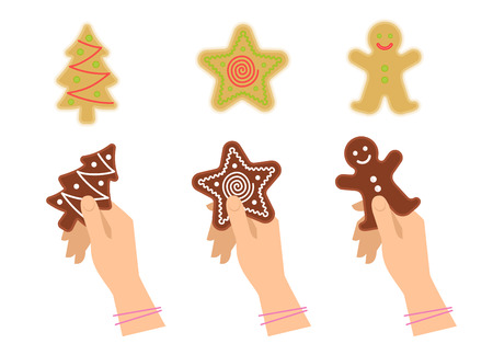 Female hands hold traditional xmas cookies symbols: gingerbread, tree, star. Flat illustration of christmas winter holiday sweet baked treats. Isolated  vector design elements.のイラスト素材