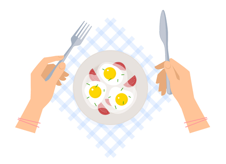 Breakfast: female hands with steel fork and knife, ceramic plate with scrambled eggs on a table napkin. Flat vector concept illustration of kitchen utensils and food isolatedのイラスト素材